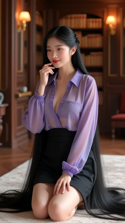 Very cute and young chinese lady with red lip.She is light smile with upper teeth and have dimple.She wear   the transparent light purple shirt and a quarter black skirt.She is kneels on the carpet and her forefinger is touch her lip . The head is slightly...