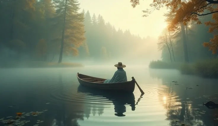  a serene lake in the middle of a forest covered by morning fog .  The water is so calm that it reflects perfectly the tall trees that border the shore .  In the middle of the lake floats a small wooden boat with a solitary paddle partially submerged in wa...