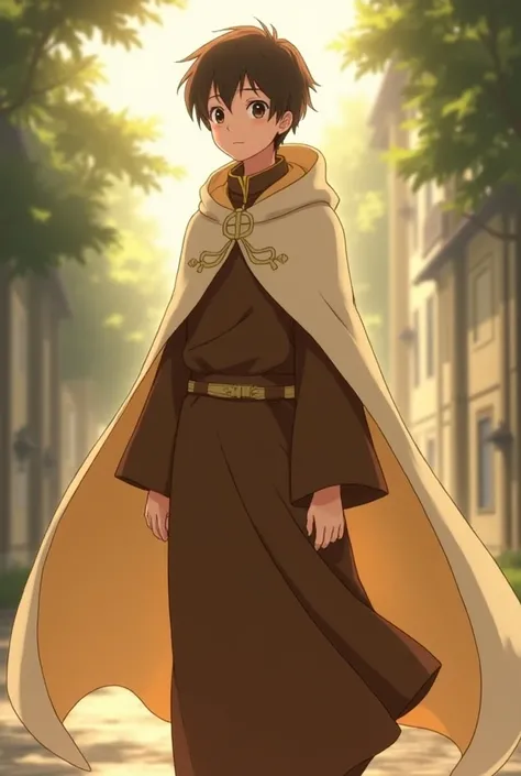 Generate the anime-style image of a young Carmel friar in a brown habit with a long scapular with a hood on and a cream-colored cape