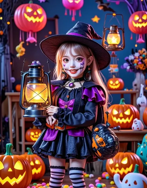 a Halloween shop. The shop is located in the centre of the image,surrounded by skyscrapers and skyscrapers. The sky is blue and pink hot air balloons float above the shop. In front of the shop there is a little witch wearing a black magic hat and holding a...