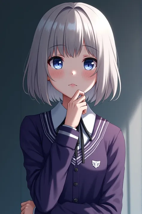  Teenage girl with ash-blond hair , blue eyes, fair complexion and slender figure .  With a cold and serious expression and wearing a purple and white long-sleeved uniform