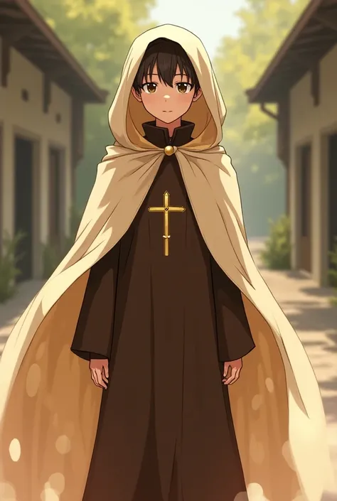 Generate the anime-style image of a young Carmel friar in a brown habit with a long scapular with a hood on and a cream-colored cape