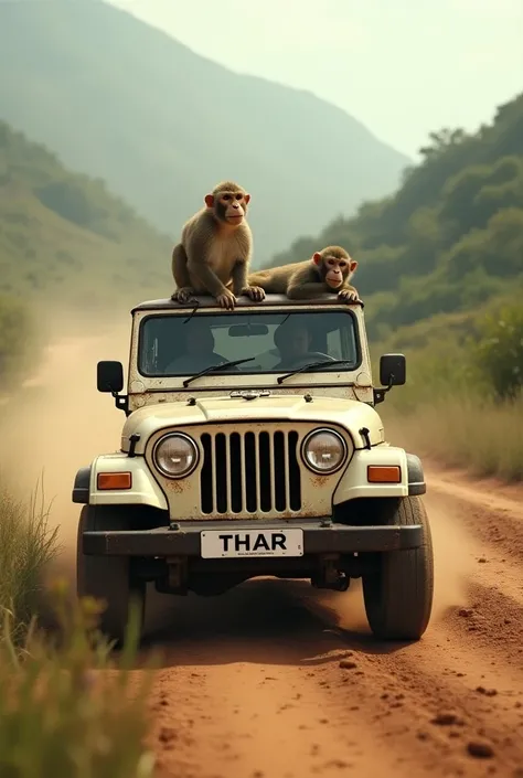 Monkey mahindra thar chala rha he or dusre monkey us car ke upper bethe he