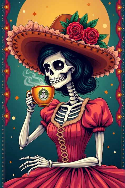 Catrina from the Day of the Dead drinking coffee
