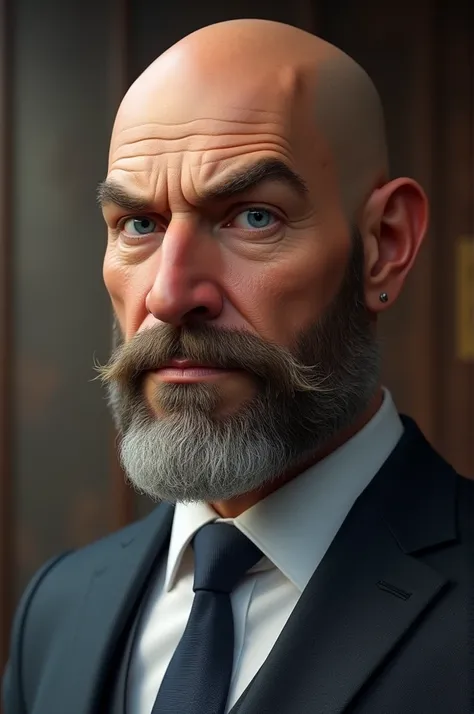 Tom: average height, larger build, peach colored skin, a thick light brown beard with specks of grey, bald, thin light blue eyes, thick eyebrows, a thin nose that curves upward. Race: European American muscular legs wearing a business suit. Wearing expensi...