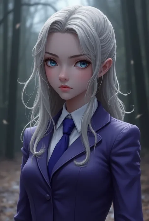  Teenage girl with ash-blond hair , long and wavy, blue eyes, fair complexion and slender figure . With a serious expression and with a purple and white long-sleeved uniform