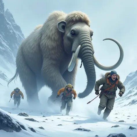 An Antarctic expedition escapes from a giant mammoth