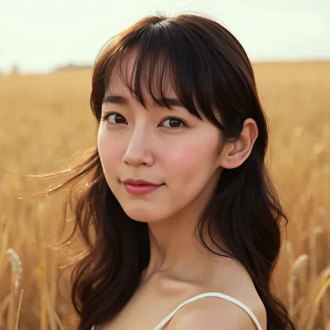 1 east-asian slender woman,28yo, forehead with small amount of bangs, and gentle smile, long wavy hair flowing in the wind,in a field 