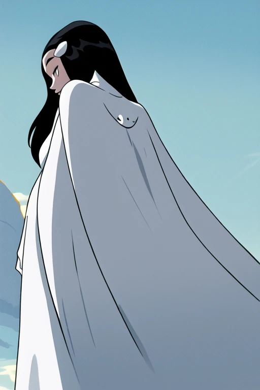 Tinya Wazzo, solo,black hair, long hair. grey eyes, smile, grey lips, white cape, 1girl, Masterpiece, Best Quality, Detail, From Behind, From Below, cape in behind, body capes, cape in front, waking, cape on ground 