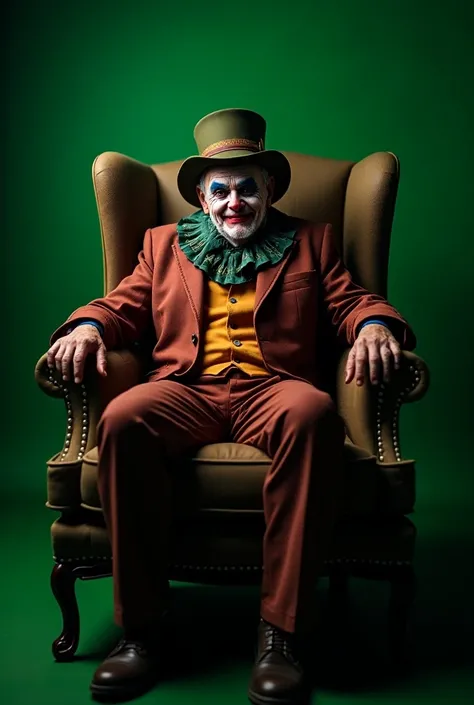 (photorealism:1.2), Create a realistic image of an elderly man dressed as a joker sitting in a luxurious armchair and looking at the viewer. The image background is green chromakey. The photo is well-lit 