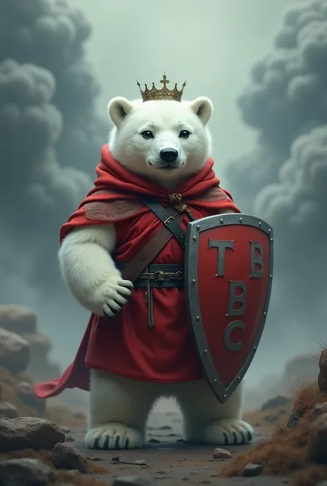 A beautiful little female polar bear wearing a crown wearing a cute red war costume holding a shield that says TBC, smoke, fog of war, Jamals weapon