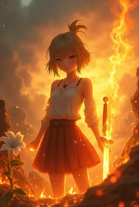 1girl, bangs, breathing fire, burning, burnt clothes, embers, ahoge, beige hair, multicolored hair, fire, flame, flaming sword, (hand on hilt), standing, long hair,  pyrokinesis, expressionless, smoke, flower(symbol),  solo, sparks, sunset, twilight, white...