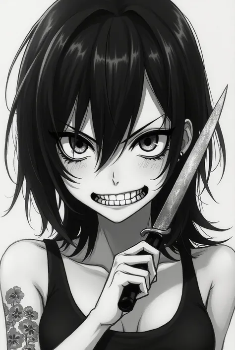 tattoo sketch, anime girl, knife in hand near the face, angry face, smile