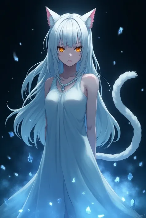 Anime girl. a young woman with cat ears, a white cat tail, long white hair, empty yellow eyes shines , and a serious, emotionless face, ice magic, blue ice particles around her.she is the Beast of the end. Black background with slowly light and (((flingers...