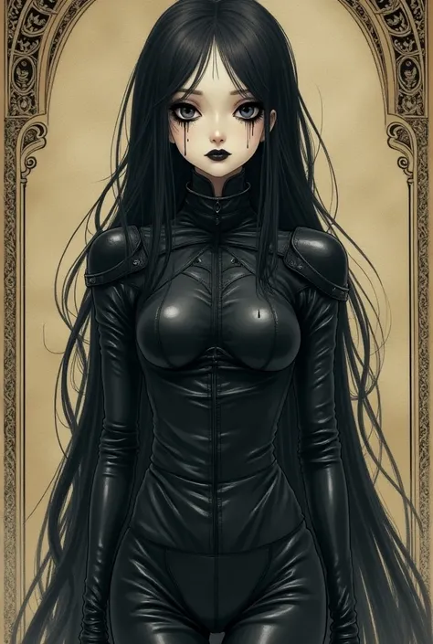 An art nouveau style watercolor image of a slender wraith girl with pale skin in a tight fitting leather outfit. Black leather armor. Dark fantasy wraith girl. Head to toe in tight black leather. Posture collar. Black eyes. Black tears. Looking directly at...