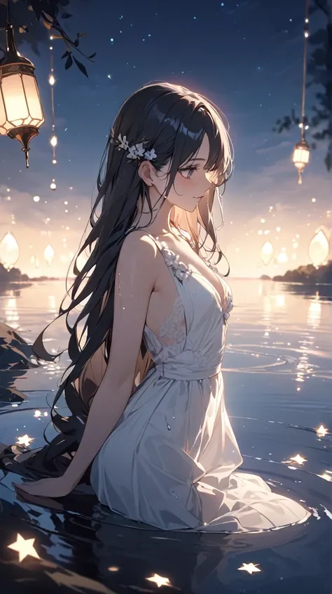 One Girl、Mysterious look、Deep Eyes、 wet long hair 、Sheer white dress、 Graceful Posture、 pottery skin、Small breasts、A soft smile、Lighted skin、  
break、  
 soft moonlight 、（ Romantic Lighting :1.4）、 Cold Tones 、 fantastic atmosphere 、Sparkling Light、Soft Sha...