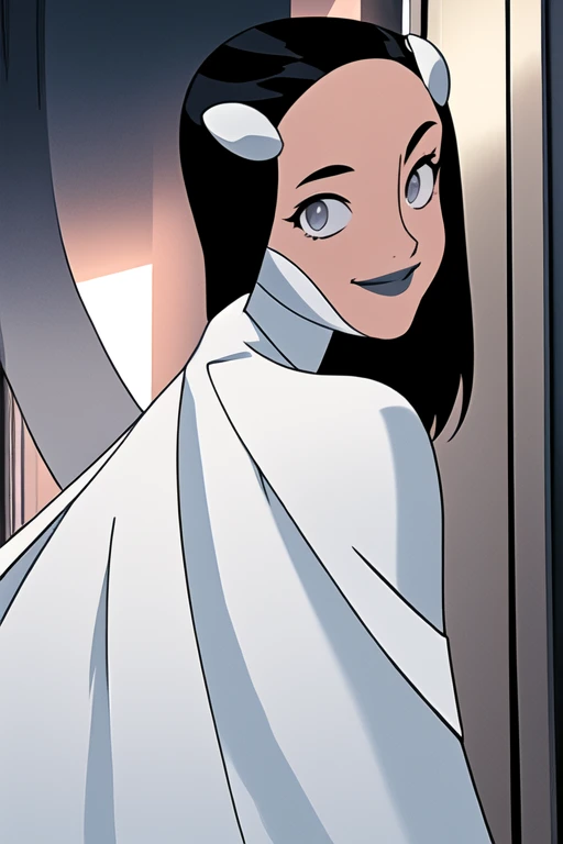 Tinya Wazzo, solo,black hair, long hair. grey eyes, smile, grey lips, white cape, best quality, masterpiece, 1girl, Masterpiece, Best Quality, Detail, room, look behind, From Behind, From Below, cape wavering in fronts, cape infront, long cape 