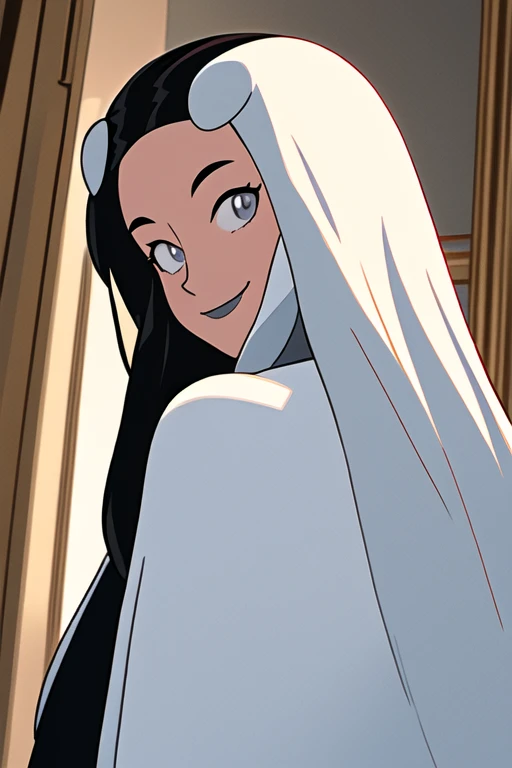 Tinya Wazzo, solo,black hair, long hair. grey eyes, smile, grey lips, white cape, best quality, masterpiece, 1girl, Masterpiece, Best Quality, Detail, room, look behind, From Behind, From Below, cape wavering in fronts, cape infront, long cape 