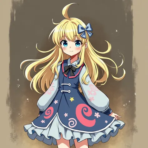  illustration,A woman around 20 years old,I want you to draw the full picture ,Long Hair,  looks, smile, blue eyes, Blonde, Hair Clip,  glitter effect, Anime Style,  dress in the anime style,The posture is standing ,Ascalon Project character concept art, 