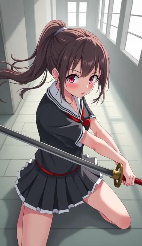  Best Details,  Masterpieces, Sharp, Dynamic Poses , High angle view,  anime girl kneeling, holding sword in hand,  Anime picture of a cute girl , Yandere,  Anime Moe Style Art , gapmoe Yandere, Action Girl Anime Girl , Katana sword-holding pose, she is ho...