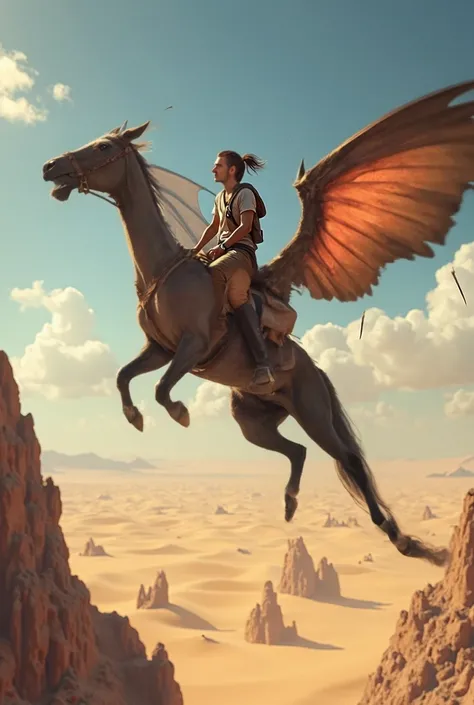 Image of this person riding a dragon and flying over the desert