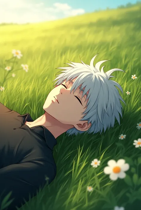 Make an Icon ,  image of the Kanee Tokyo Ghoul lying down resting alone on a lawn of a field in the bright sun