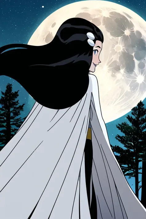 Tinya Wazzo, solo,black hair, long hair. grey eyes, smile, grey lips, white cape, long cape, 1girl, Masterpiece, Best Quality, Detail, standing, forest, night, moon, From Behind, From Below, cape in front, solo, 1girl