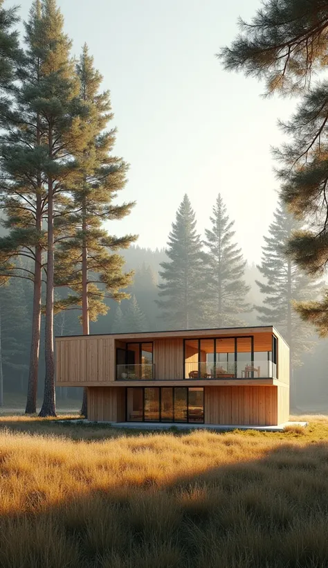 Create a modern, minimalist wooden house set in a tranquil countryside surrounded by tall red cedar trees. The house should have large floor-to-ceiling windows that let in natural light, and simple, clean lines in the architecture. Use soft, natural colors...