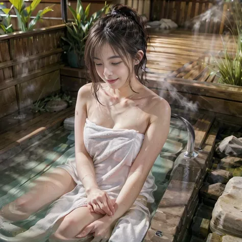 top quality, 8k, ultra high resolution, clear picture, professional lighting, (public hot spring open-air baths) , (onsen), a be...