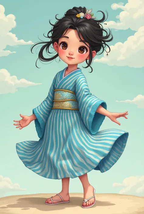 a young lady in a blue striped kimono dress, huge massive feet, cartoon, kawaii, cute, whimsical, pastel colors, vibrant, dynamic pose, detailed facial features, beautiful eyes, delicate lips, flowing hair, intricate kimono pattern, soft lighting, high qua...