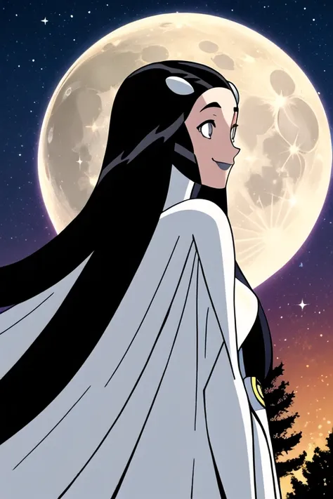 Tinya Wazzo, solo,black hair, long hair. grey eyes, smile, grey lips, white cape, long cape, cape covering , 1girl, Masterpiece, Best Quality, Detail, forest, night, moon, From Behind, From Below, cape in front, solo, 1girl