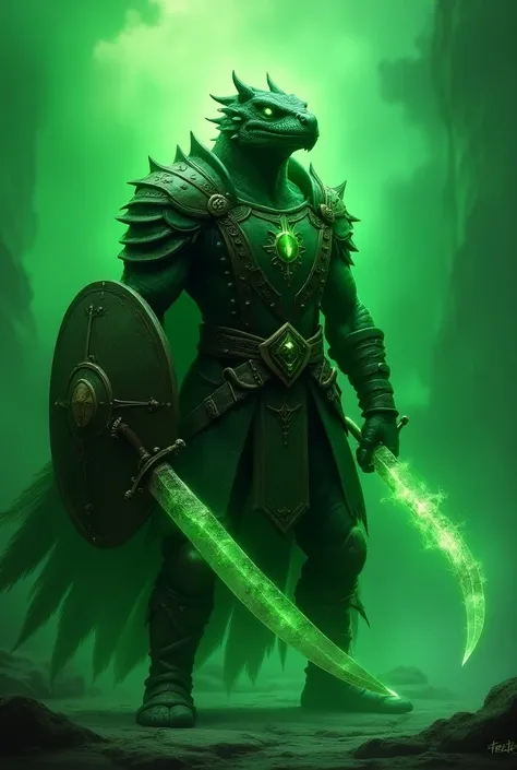 Green dragonborn hexblade warlock, green magic, wielding a longsword and a shield wearing leather armor