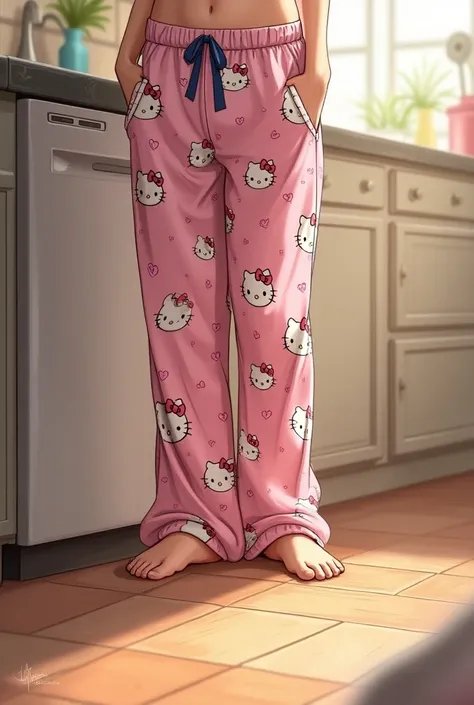 Wearing hello Kitty pants near the kitchen