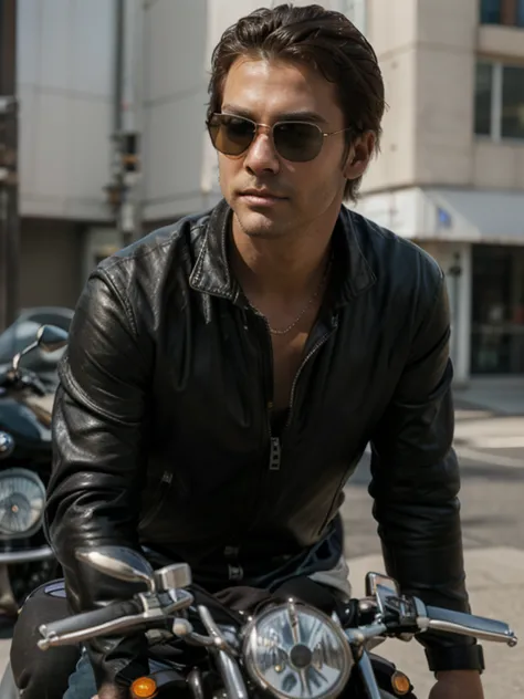 Handsome dark-haired man, (well shaved, no beard), wears Rayban Aviator Sunglasses, Riding a heavy BMW motorcycle, (eyes to camera, looking at viewer), UHD, masterpiece, textured skin, super detail, high details, best quality, highres, cpiC35mm