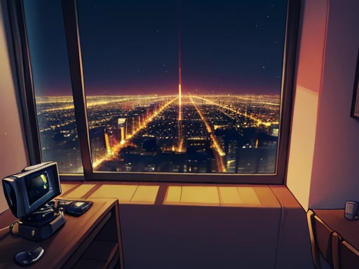 ((Camera recording )), ((pointing at the viewer)), ((Background of the room with a large window where you can see the city illuminated at night)).((High quality, 4k,))