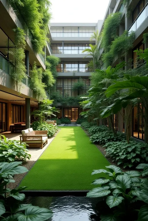 Green area of 16 meters by 20 in the center of a building with some seats, a little water, less floors upstairs

