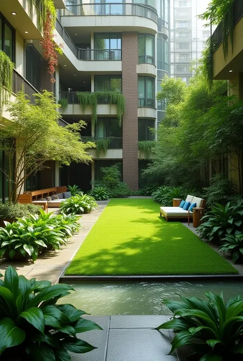 Green area of 16 meters by 20 in the center of a building with some seats, a little more water plus color

