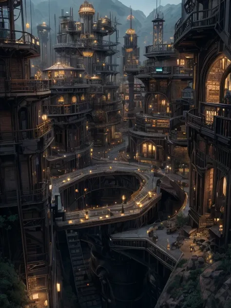 a large mecahnical city underground. steampunk style. large number of buildings. some mining can be seen