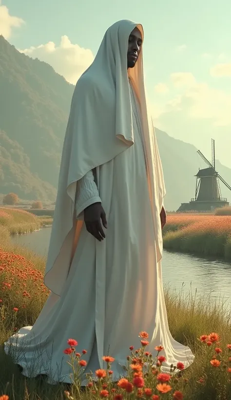 Full-body indigenous deity man, wearing a white burka covering her face completely,  Heziel
The wind that blows through a field of flowers .  An old sturdy windmill spinning slowly in the wind.
 A large river .  Sun that shines in the water .
 attributions...