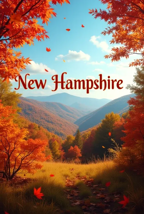 A picture where New Hampshire is written along with some fall colors and leaves around it