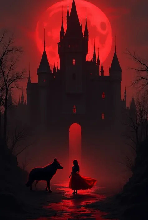 Crimson castle, black fox, red gown girl, with eye contact 