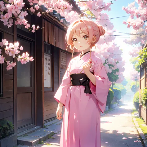 Pink Straight Hair，Pale pink kimono with cherry branches ，Holding a cherry branch in your hand，background, A beautiful row of cherry blossom trees in full bloom ， She is a kind person , cute, slim, A petite and sweet girl, colorful and lively movements 