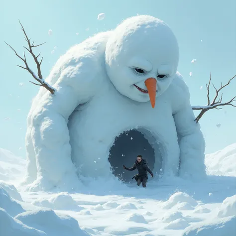 A human escapes from a huge snowman