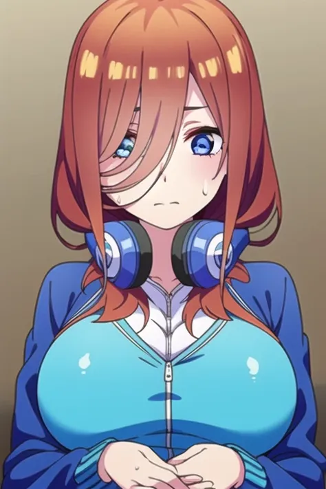 miku nakano, miku nakano, long hair, bangs, blue eyes, brown hair,  headphones,  cardigan,  headphones around neck,
break lookin...