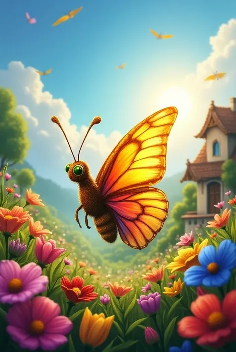  The butterfly full of bright colors lilac yellow sky emerges very cheerful from its chrysalis,  looking out at nature and feeling very happy . Surrounded by a flowered garden ,  in the background a house and a radiant sun in a blue sky .  The entire Disne...