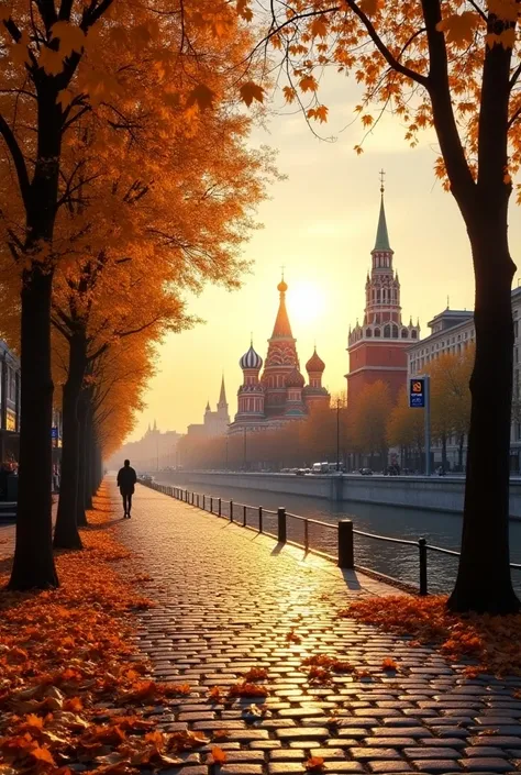 A realistic photo of Moscow in autumn, with golden and amber leaves covering the streets and trees. The scene includes iconic landmarks such as the Kremlin, St. Basil’s Cathedral, and the Moscow River reflecting the soft glow of the setting sun. The mood i...