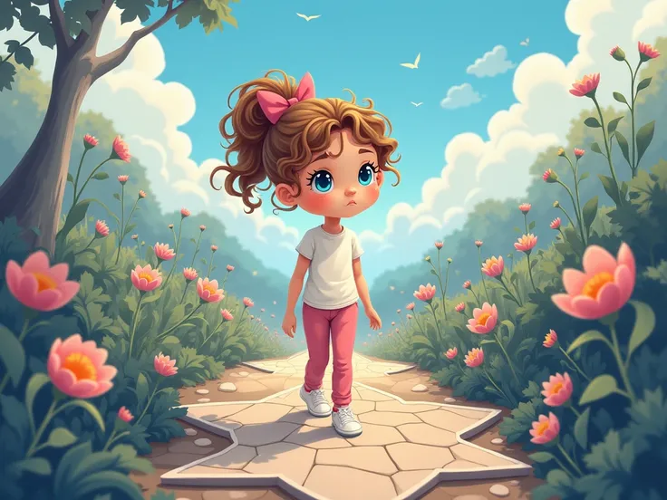 long shot.  A cute  chivi. curly hair. Light brown and gold hair .  Hairstyle with a ponytail and a pink ribbon . blue eyes. Concerned expression on the face .  wears a white t-shirt ,  pink pants and white sneakers .  Walk along a stone path shaped like s...