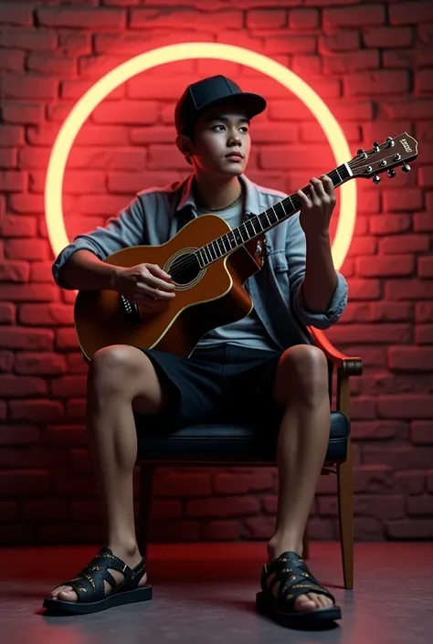 3d brick background with a very aesthetic color around it there is a led lamp effect illuminating the part of the head there is a cool guy with trendy clothes wearing a black shorts hat wearing sandals sitting in a chair while playing guitar with his face ...