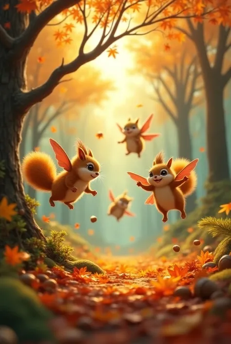 Autumn forest、Fat cute flying squirrels、Acorns、