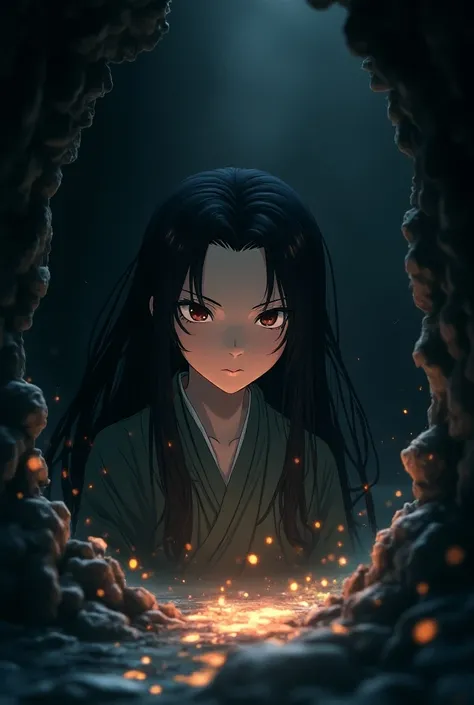   amaterasu(Japanese goddess with long black hair), aún In the cave,  she looks out cautiously .  A ray of light enters and highlights her beautiful face ,  full of curiosity . out,  you can see flashes of light and festive colors that contrast with the gl...